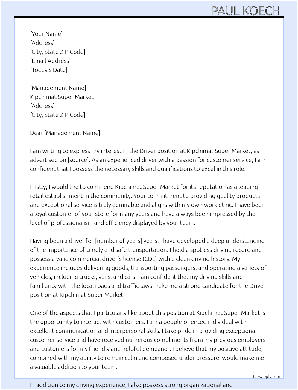 Driver  At Kipchimat super Market  Cover Letter