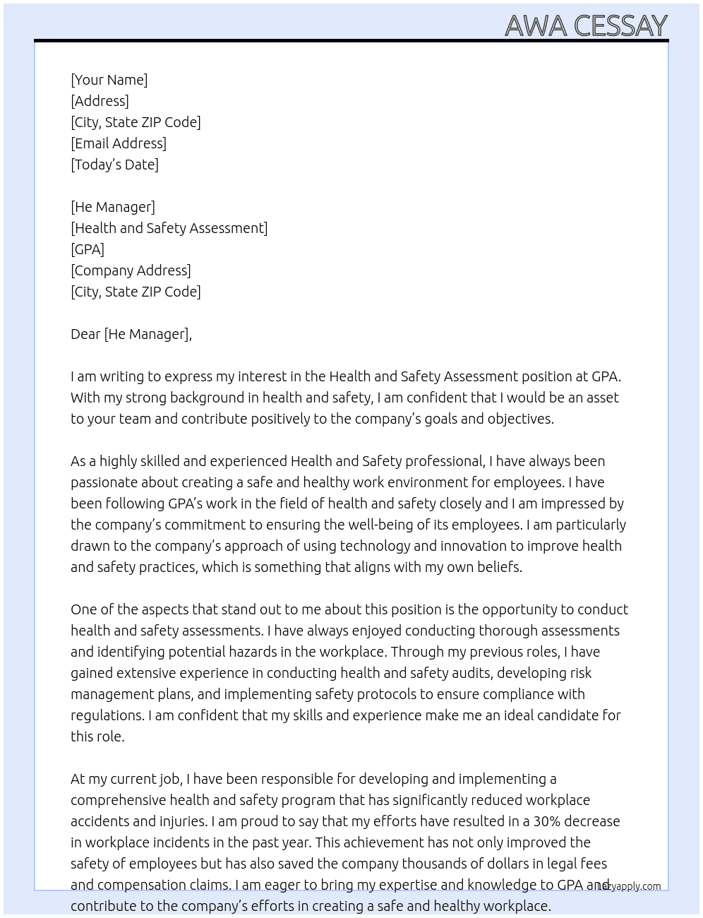 Health and Safety Assessment  At GPA Cover Letter