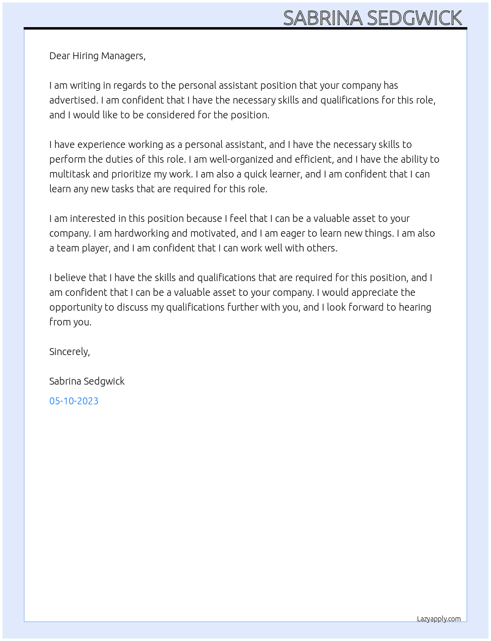 Personal assistant At To whom it may concern Cover Letter
