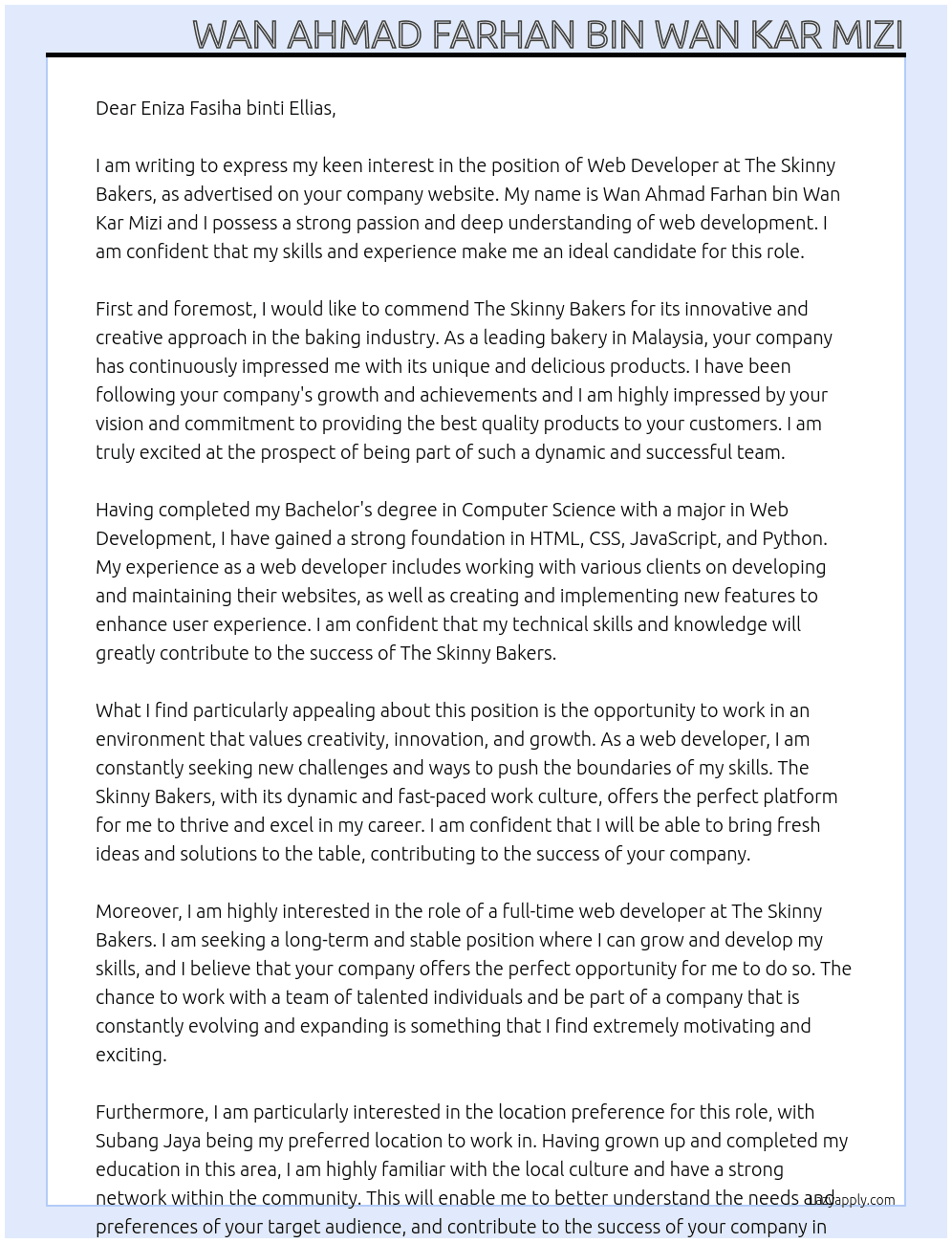 Web Developer At The Skinny Bakers Cover Letter