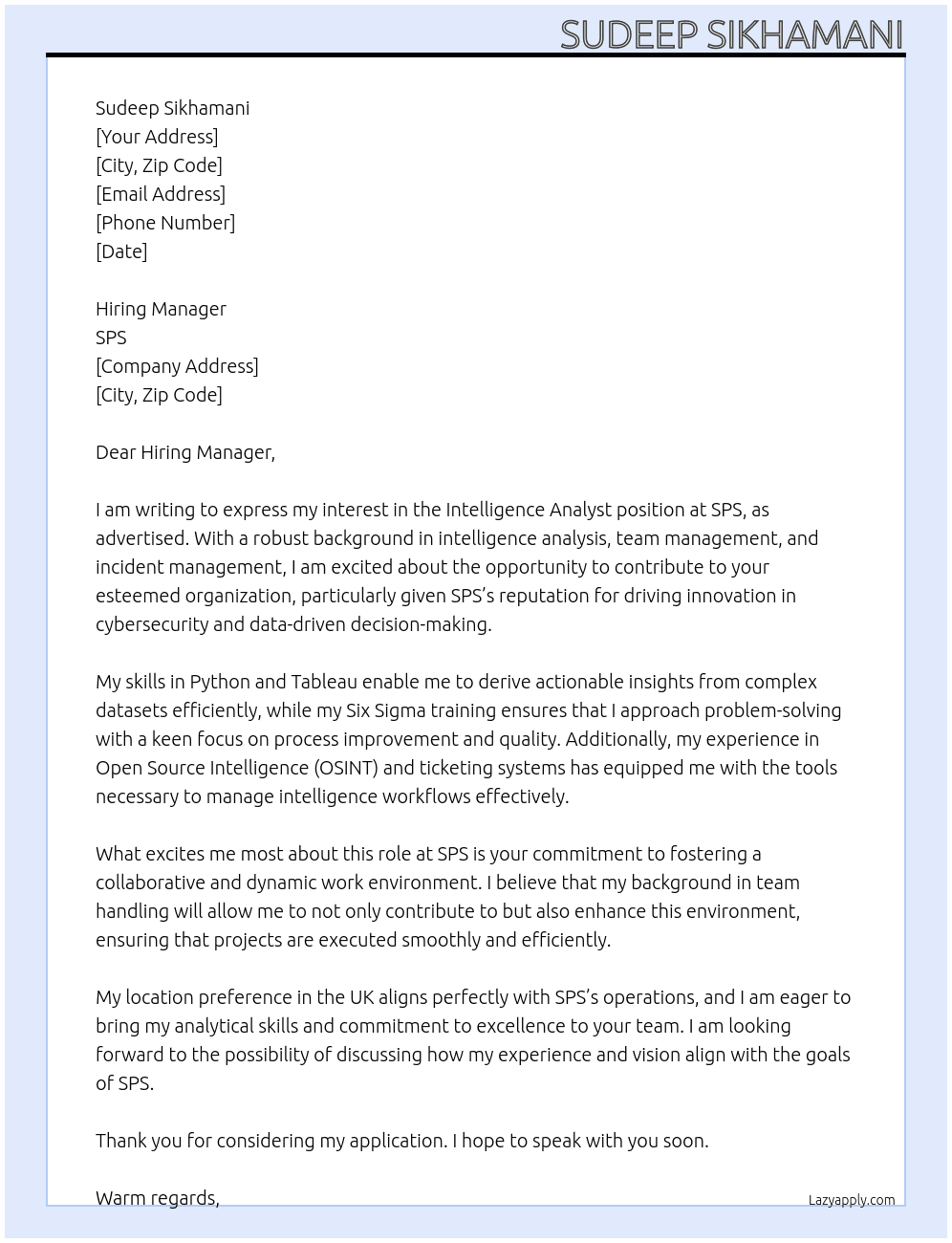 Intelligence analyst At SPS Cover Letter