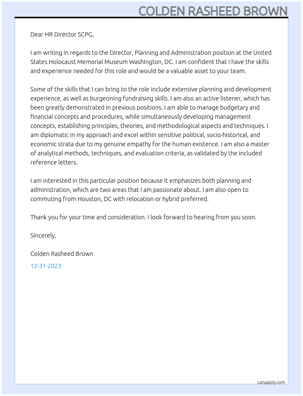Director, Planning and Administration  At United States Holocaust Memorial Museum Washington, DC Cover Letter