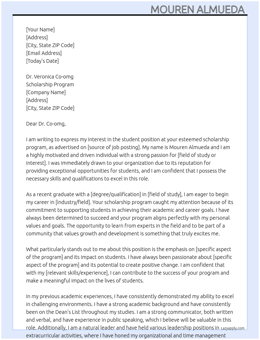 student  At scholarship program  Cover Letter