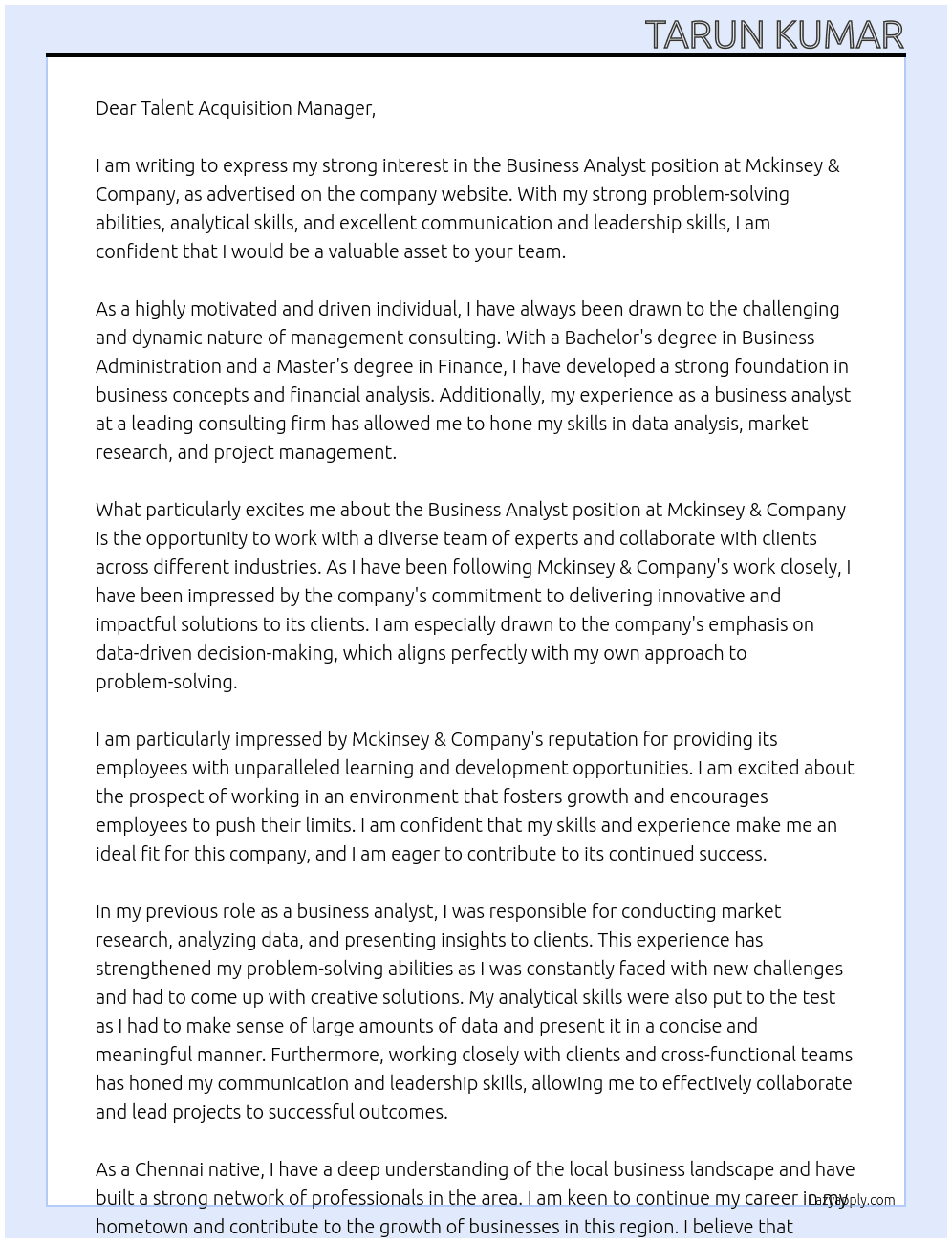 Mckinsey & Company At Business Analyst Cover Letter