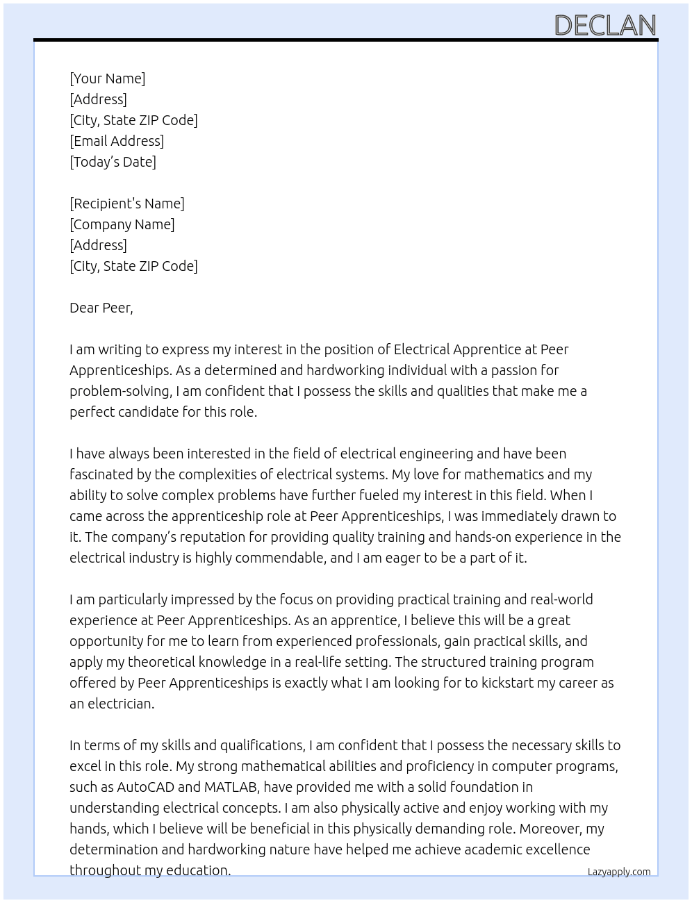 Electrical Apprentice At Peer Apprenticeships Cover Letter