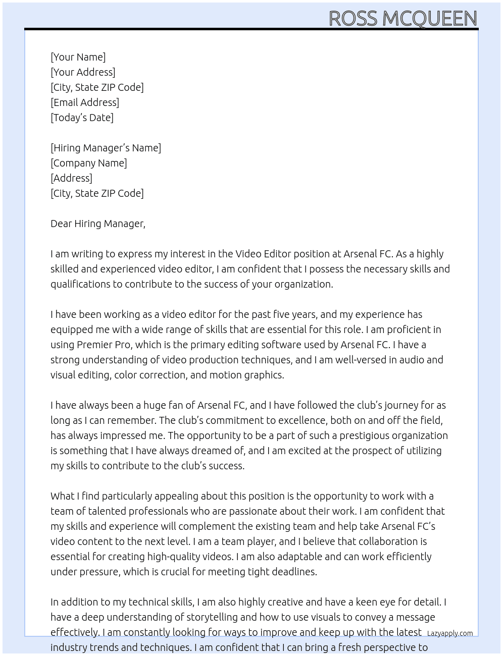 Video Editor At Arsenal FC Cover Letter