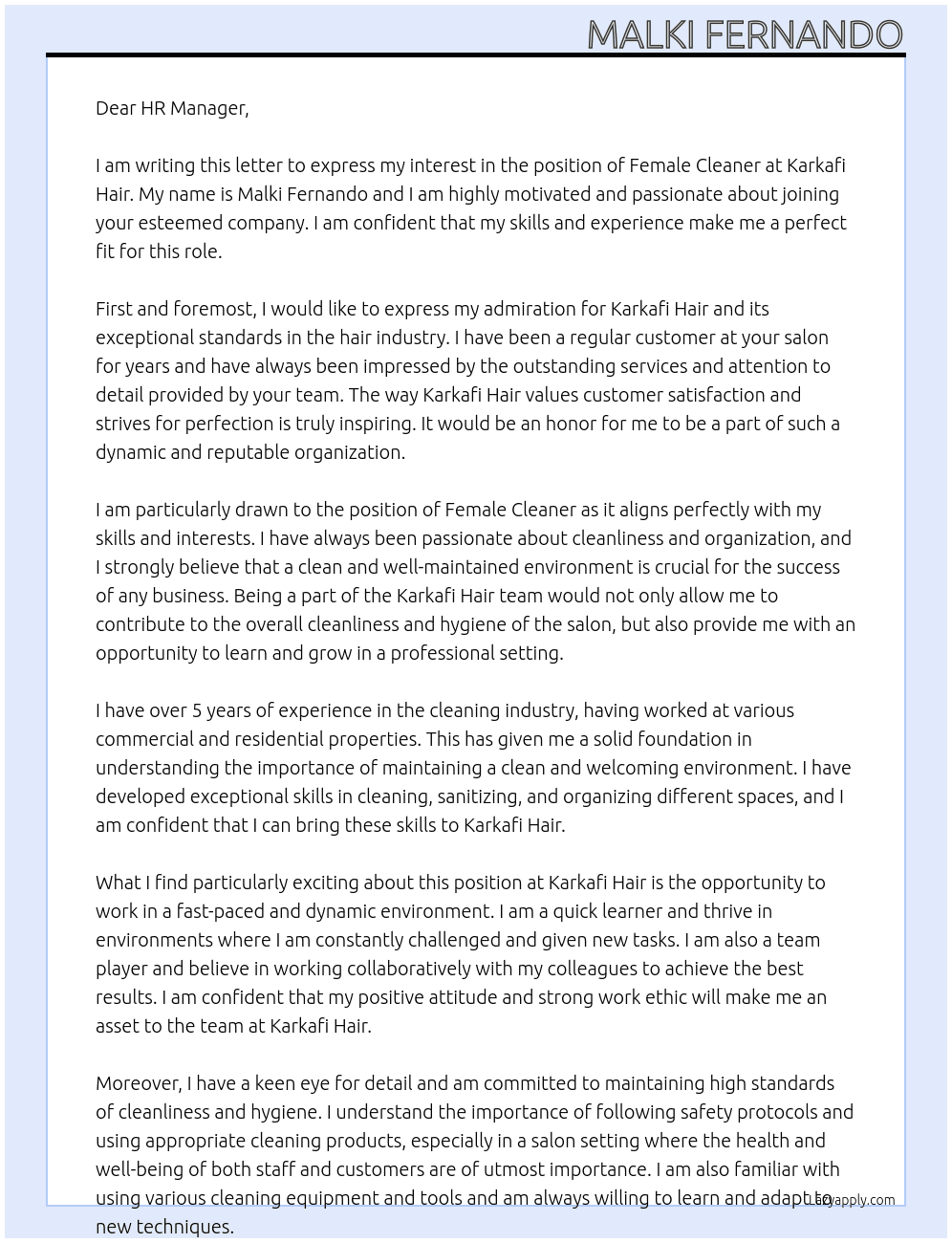 Female Cleaner At karkafi hair Cover Letter