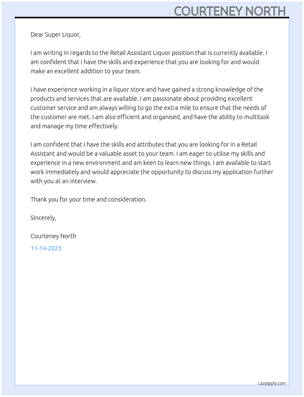 Retail Assistant Liquor  At Super Liquor  Cover Letter