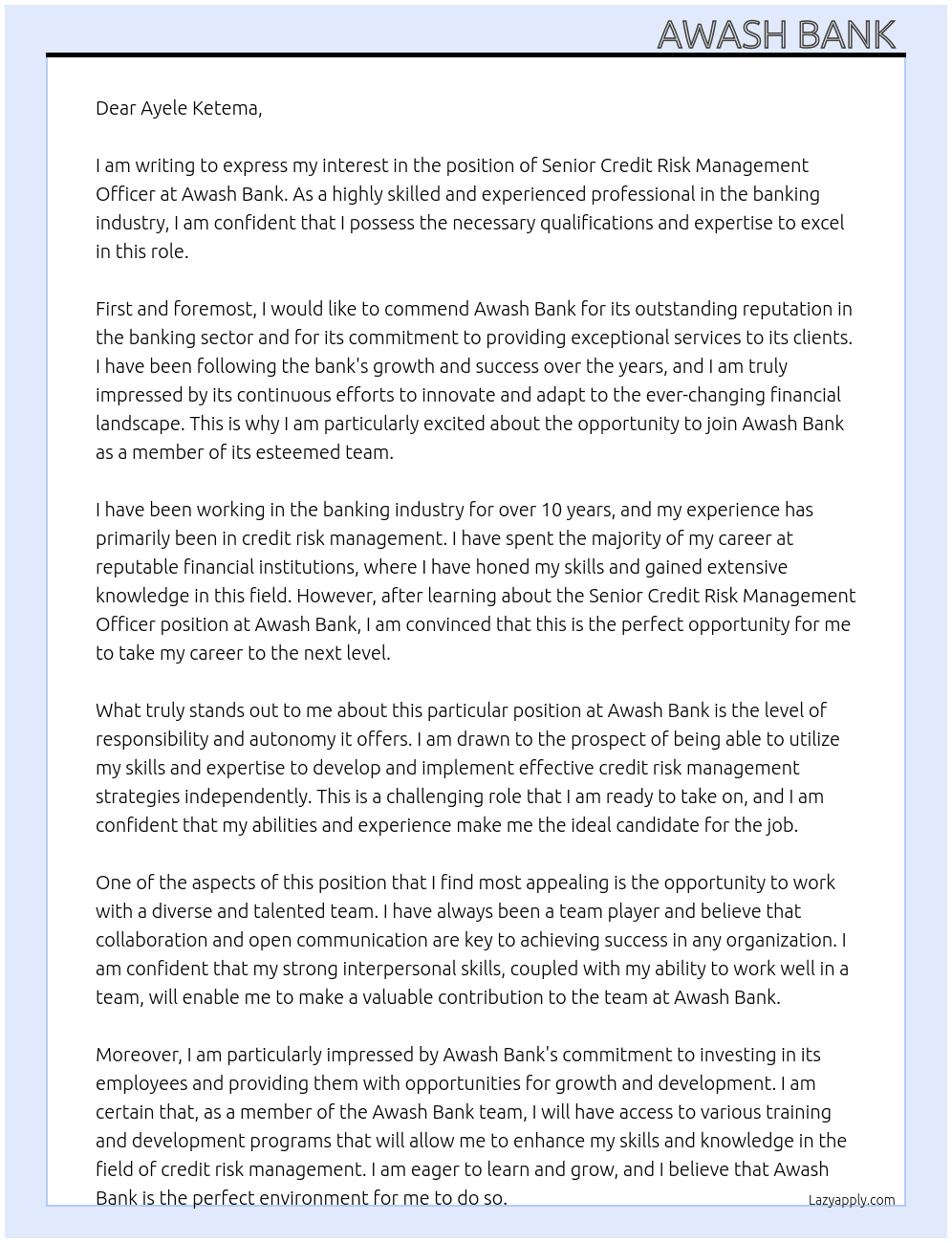 Senior credit  risk management  officer  At Awash Bank  Cover Letter