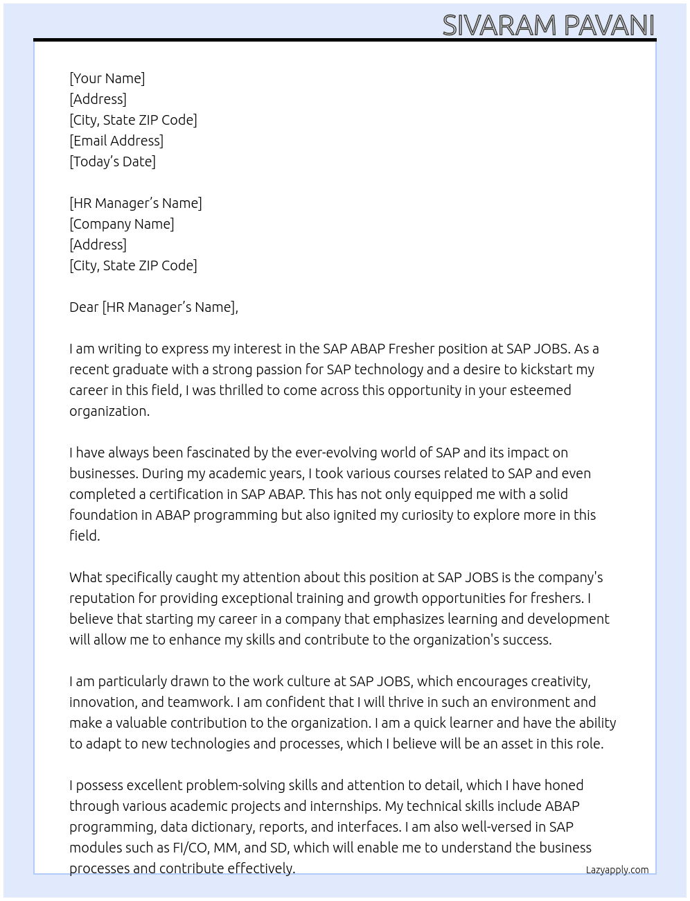 SAP ABAP FRESHER At SAP JOBS Cover Letter