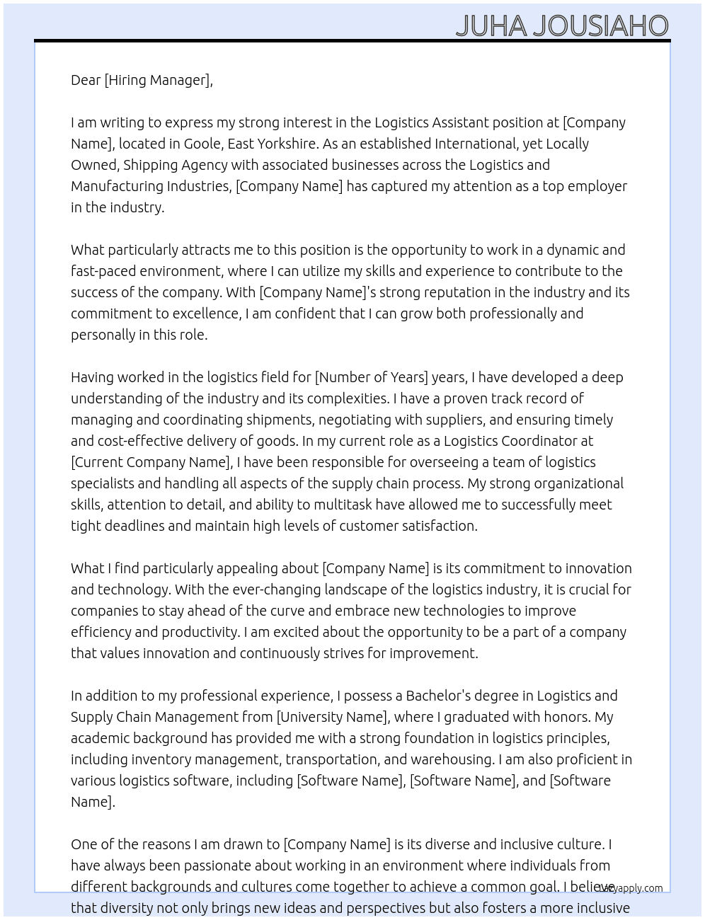 Logistics Assistant At Goole, East Yorkshire Cover Letter