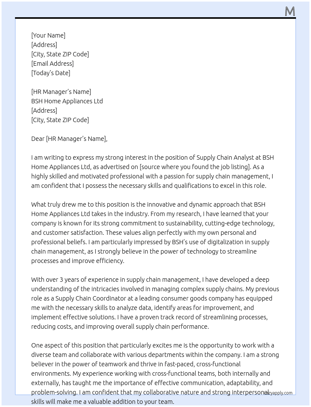 supply chain analyst At BSH Home Appliances Ltd Cover Letter