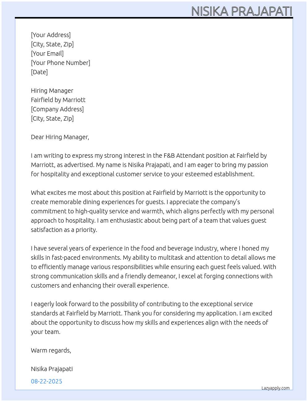 F&B attendant At Fairfield by Marriott Cover Letter