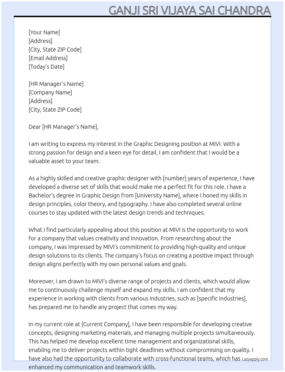 Graphic Designing  At MIVI Cover Letter