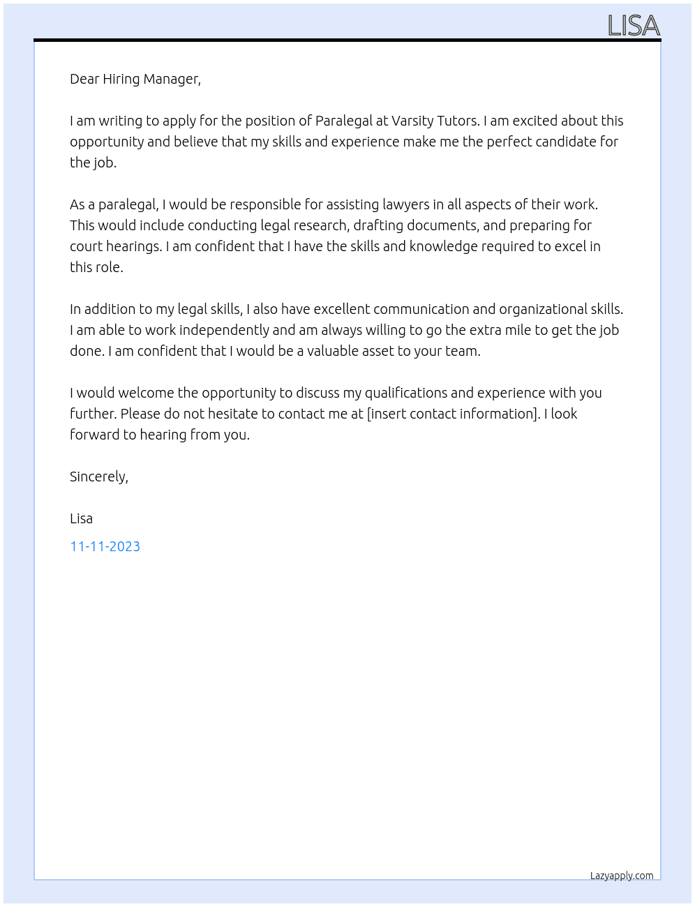 Paralegal At Varsity Tutors Cover Letter