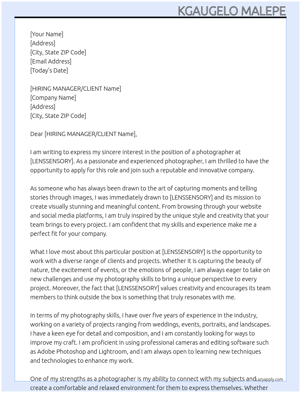 photographer  At LENSENSORY Cover Letter