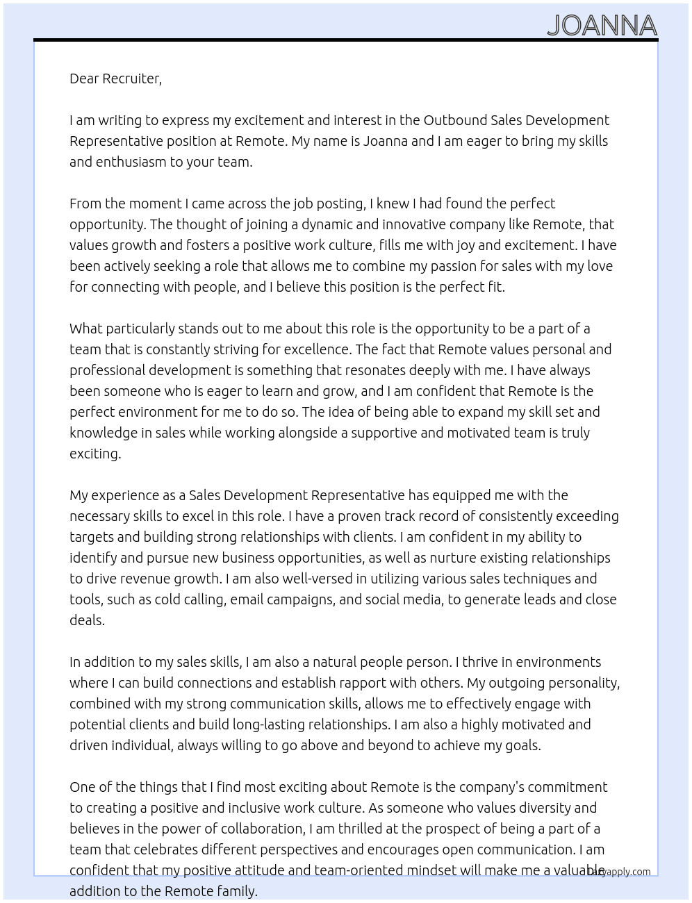 Outbound Sales Development Representative At remote Cover Letter