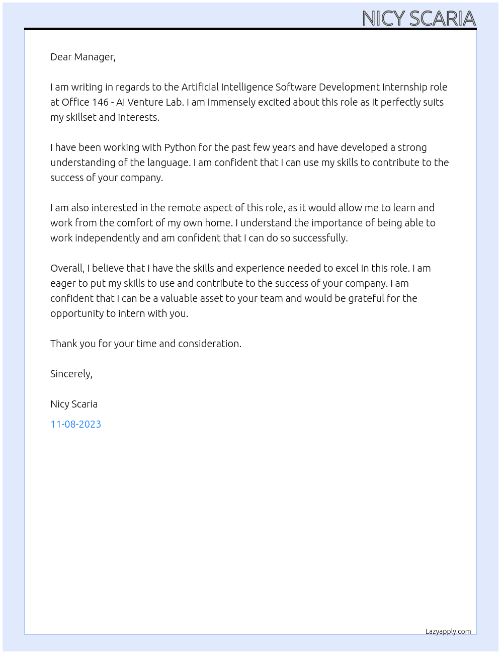 Artificial Intelligence Software Development - Masters Level Intern At Office 146 - AI Venture Lab Cover Letter