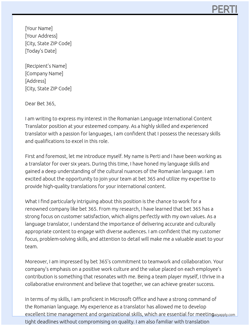 Romanian Language International Content Translator At bet 365 Cover Letter