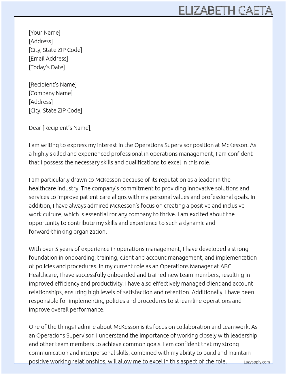 operations supervisor At Mckesson Cover Letter