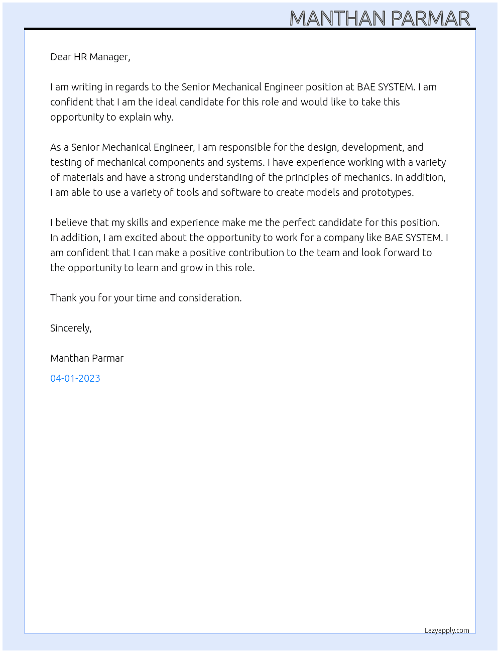 Senior Mechanical Engineer  At BAE SYSTEM  Cover Letter
