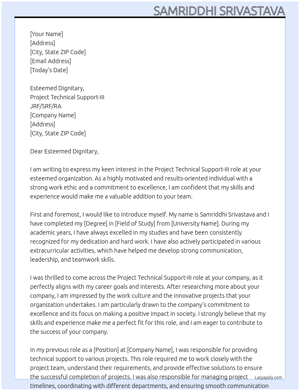 Project Technical Support-III  At JRF/SRF/RA Cover Letter