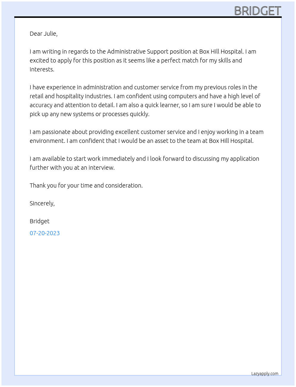 Administrative Support At Box Hill Hospital Cover Letter