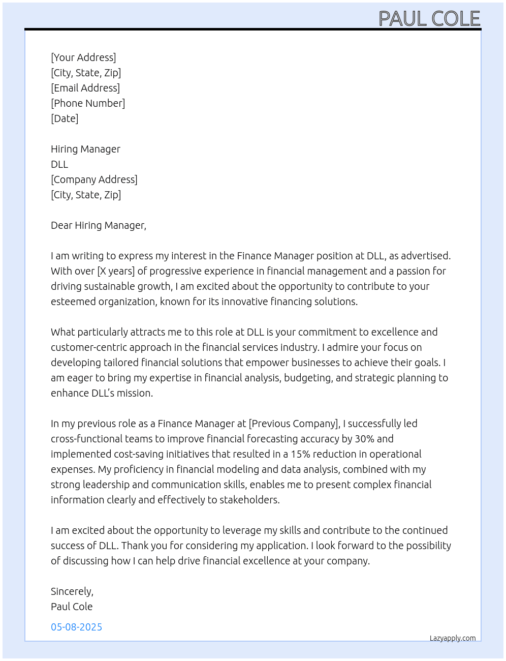 Cover letter for finance mnager - LazyApply