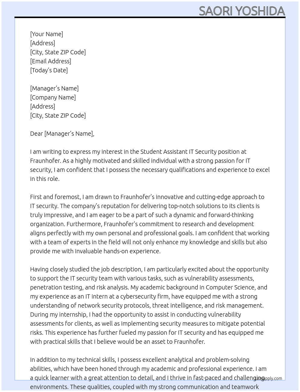 Student Assistent IT Security At Fraunhofer Cover Letter