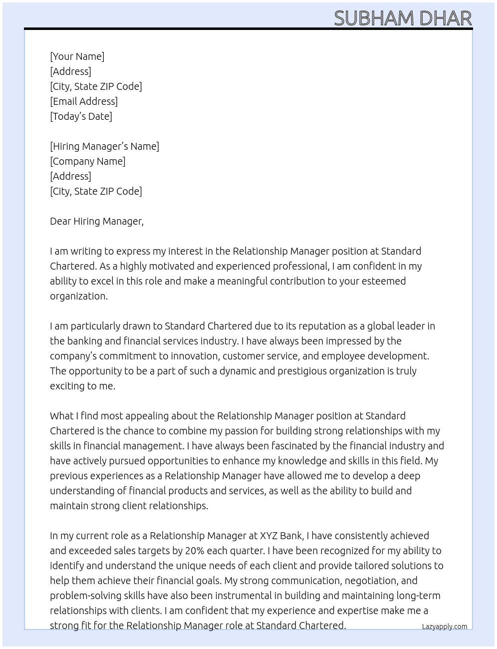 Relationship Manager At Standard chartered Cover Letter