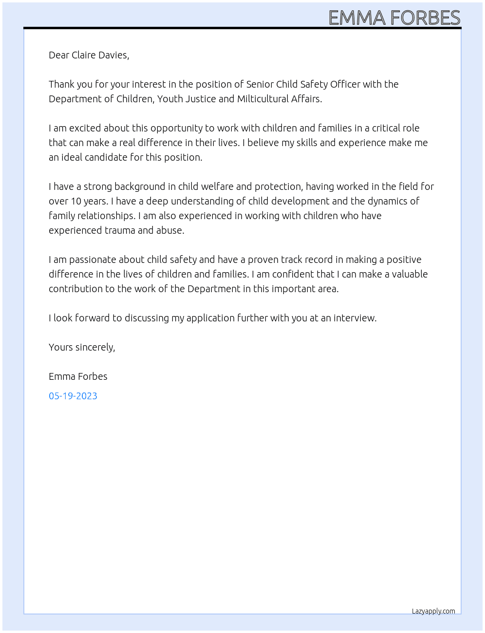 Senior Child Safety Officer At Department of Children, Youth Justice and Milticultural Affairs Cover Letter