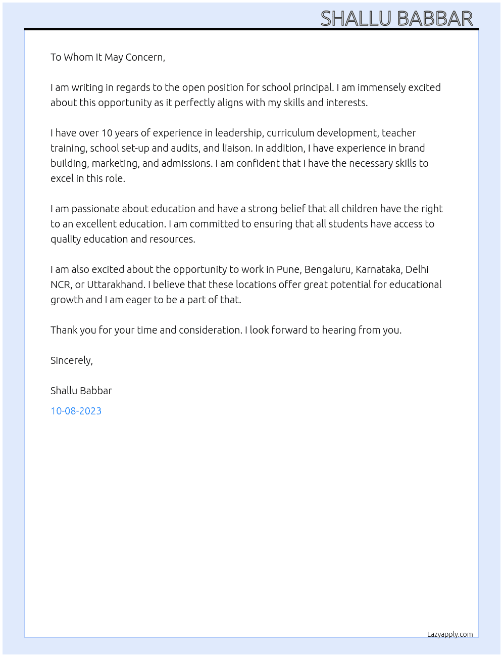 School principal  At School  Cover Letter