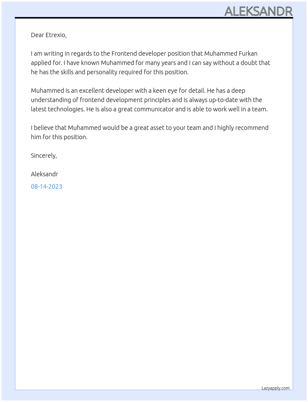 Frontend developer At Etrexio Cover Letter