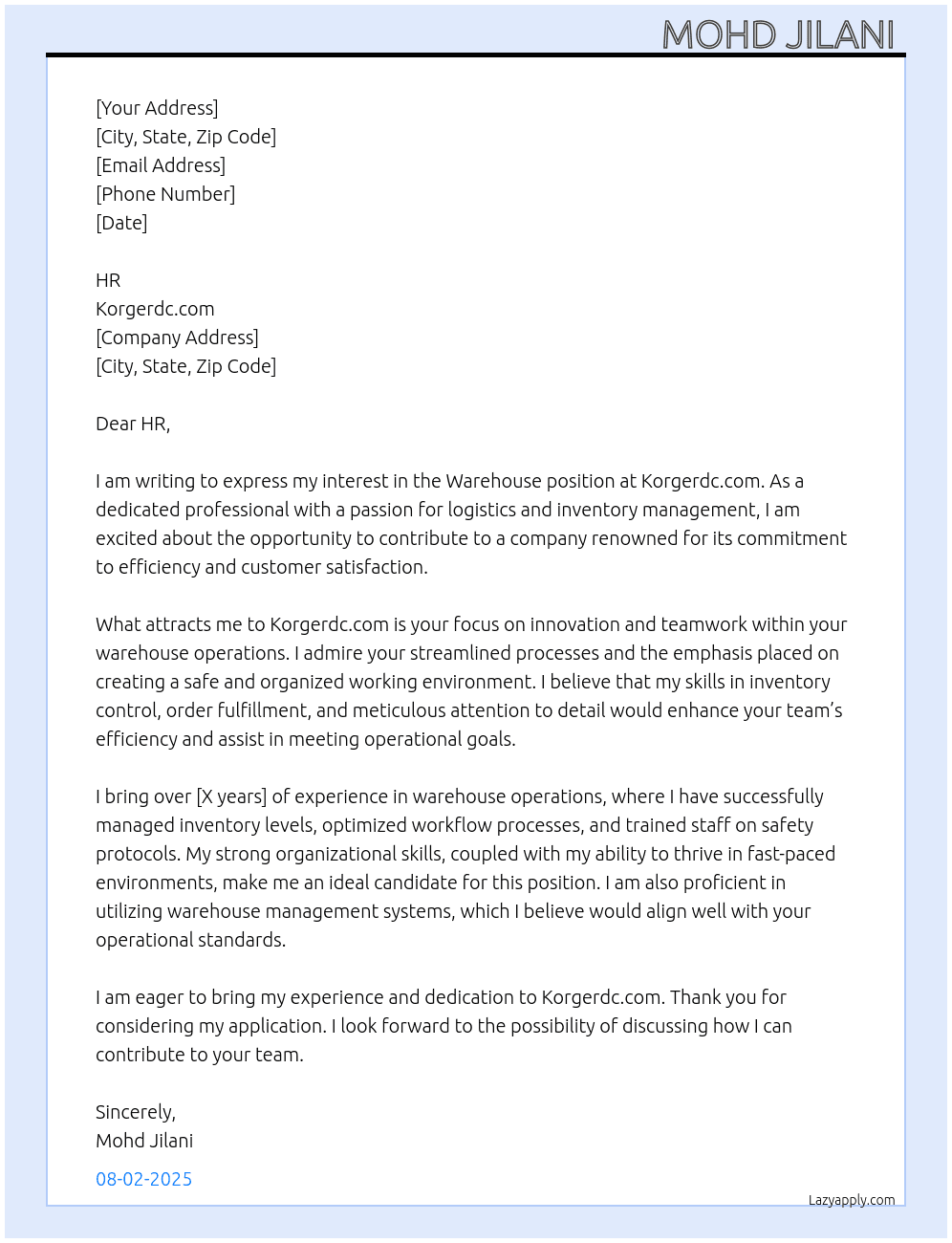 Cover letter for wharehouse - LazyApply