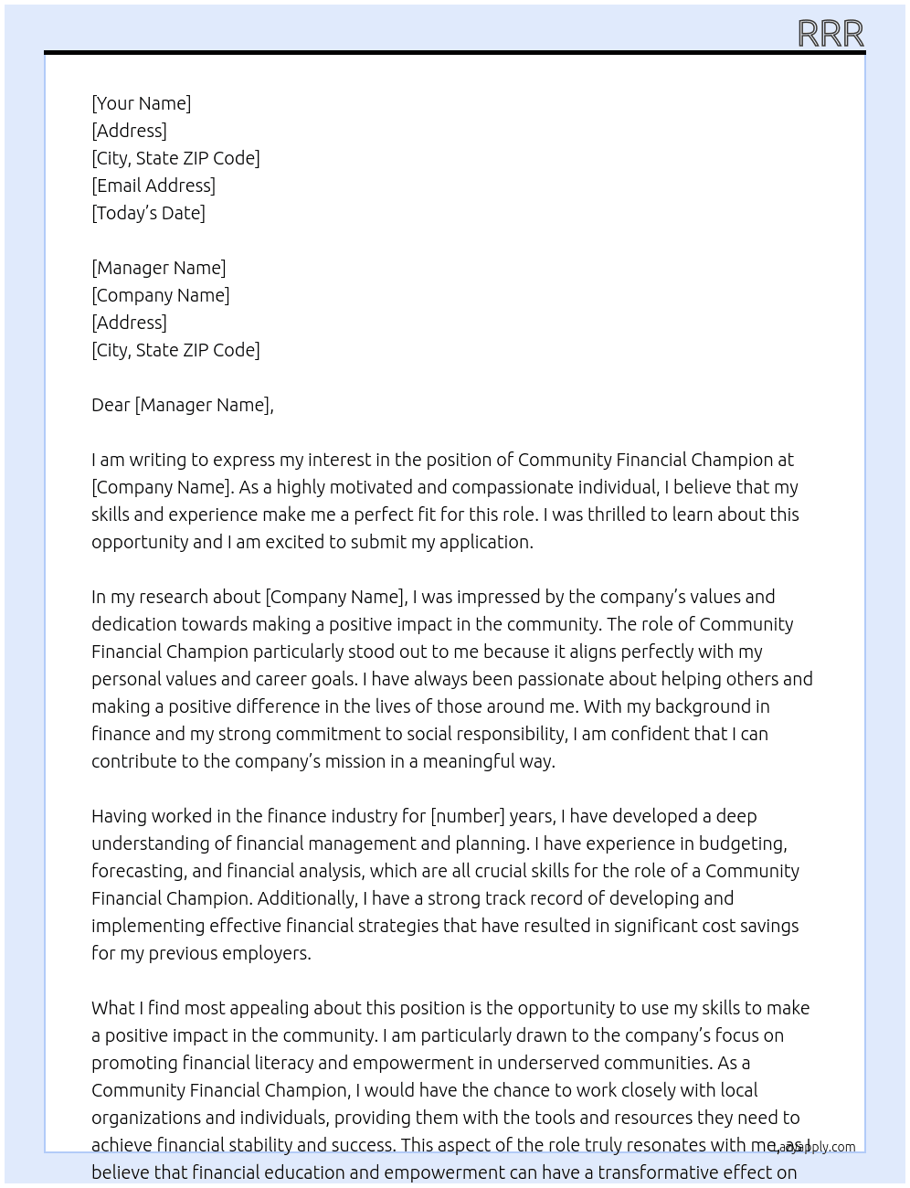 community financial champion At fff Cover Letter