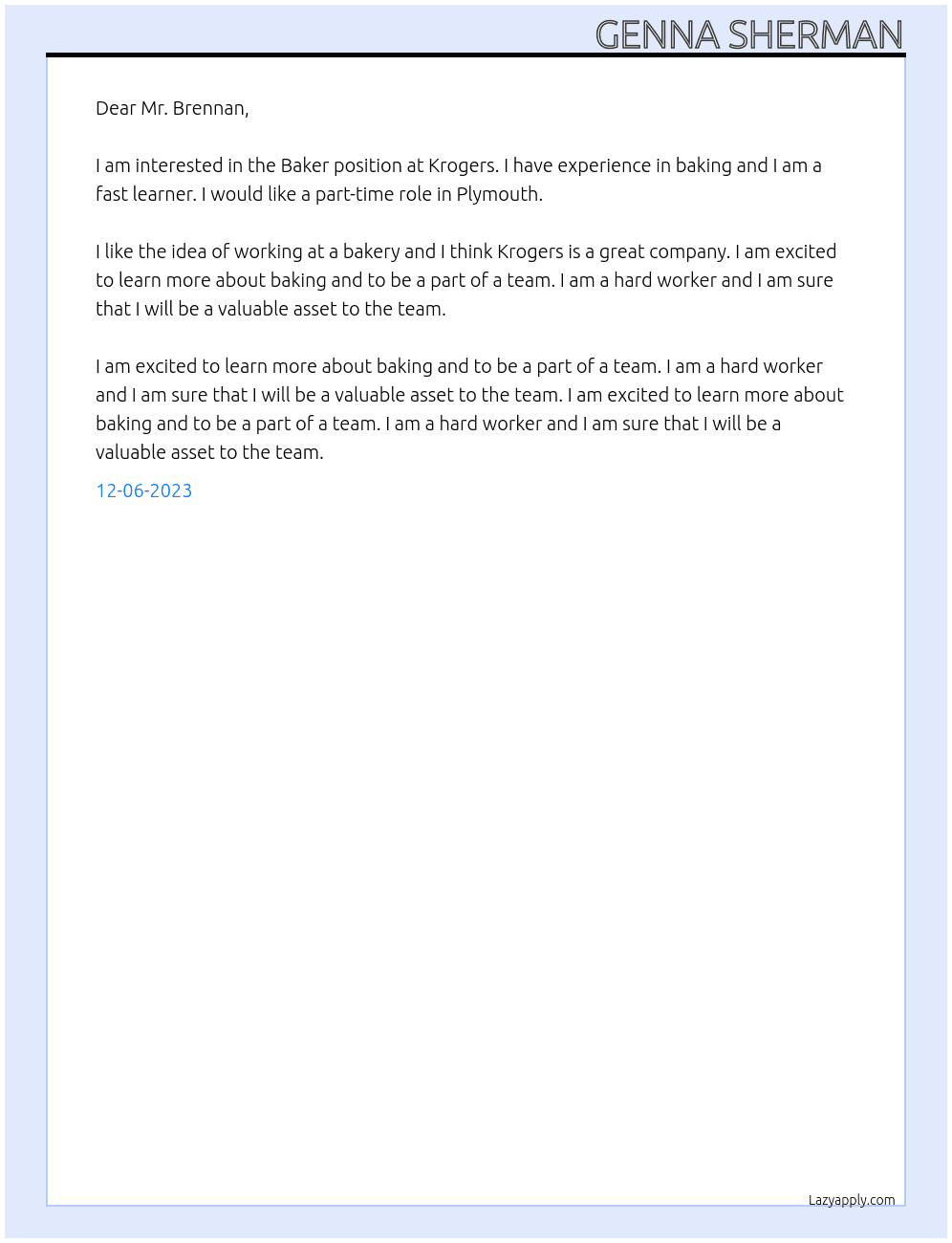 Baker At Krogers  Cover Letter