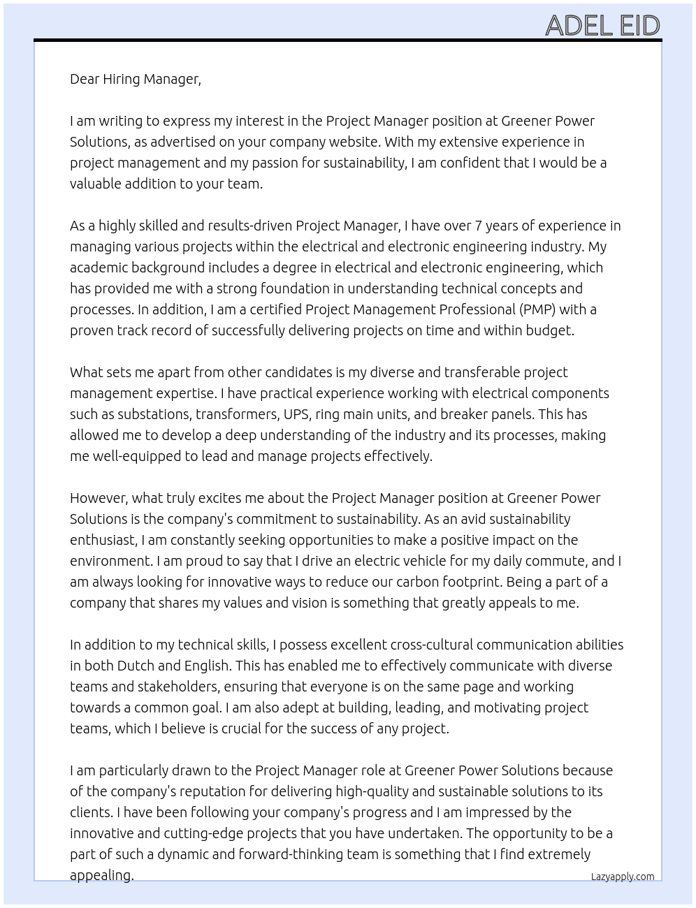 Project Manager At Greener Power Solutions Cover Letter