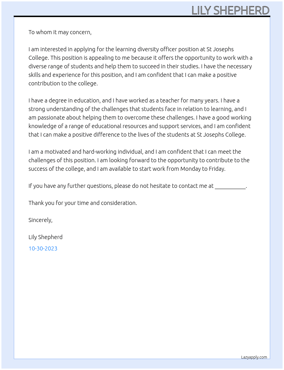 learning diversity officer At st josephs college Cover Letter