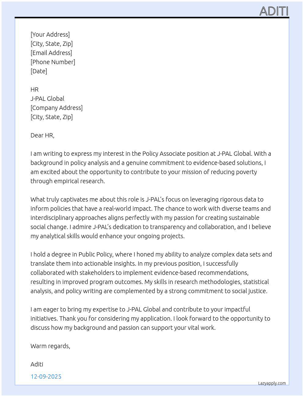 Policy Associate At J-PAL Global Cover Letter