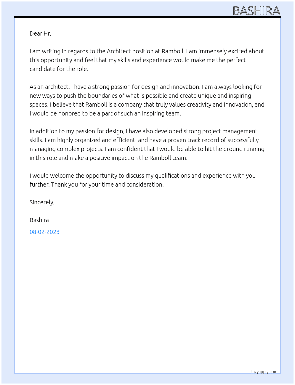 Architect At Ramboll Cover Letter