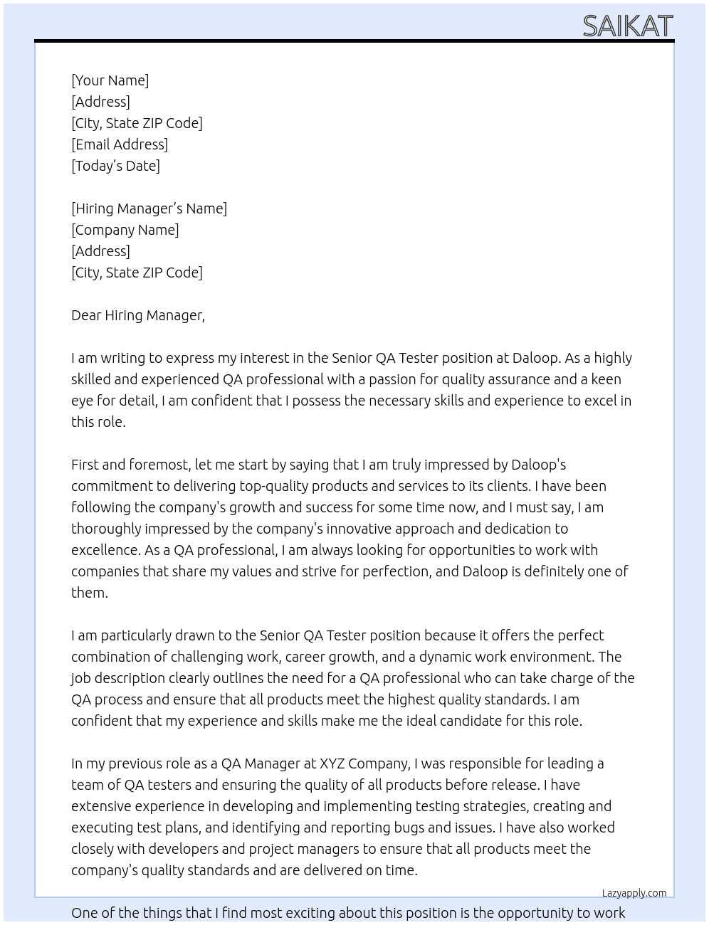 Senior QA Tester At Daloop Cover Letter