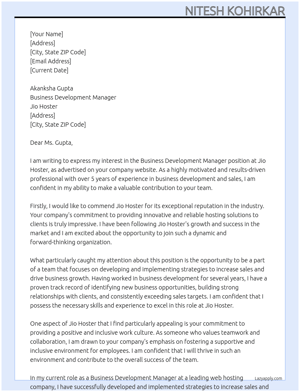 Buisness Development Manager At Jio Hoster Cover Letter