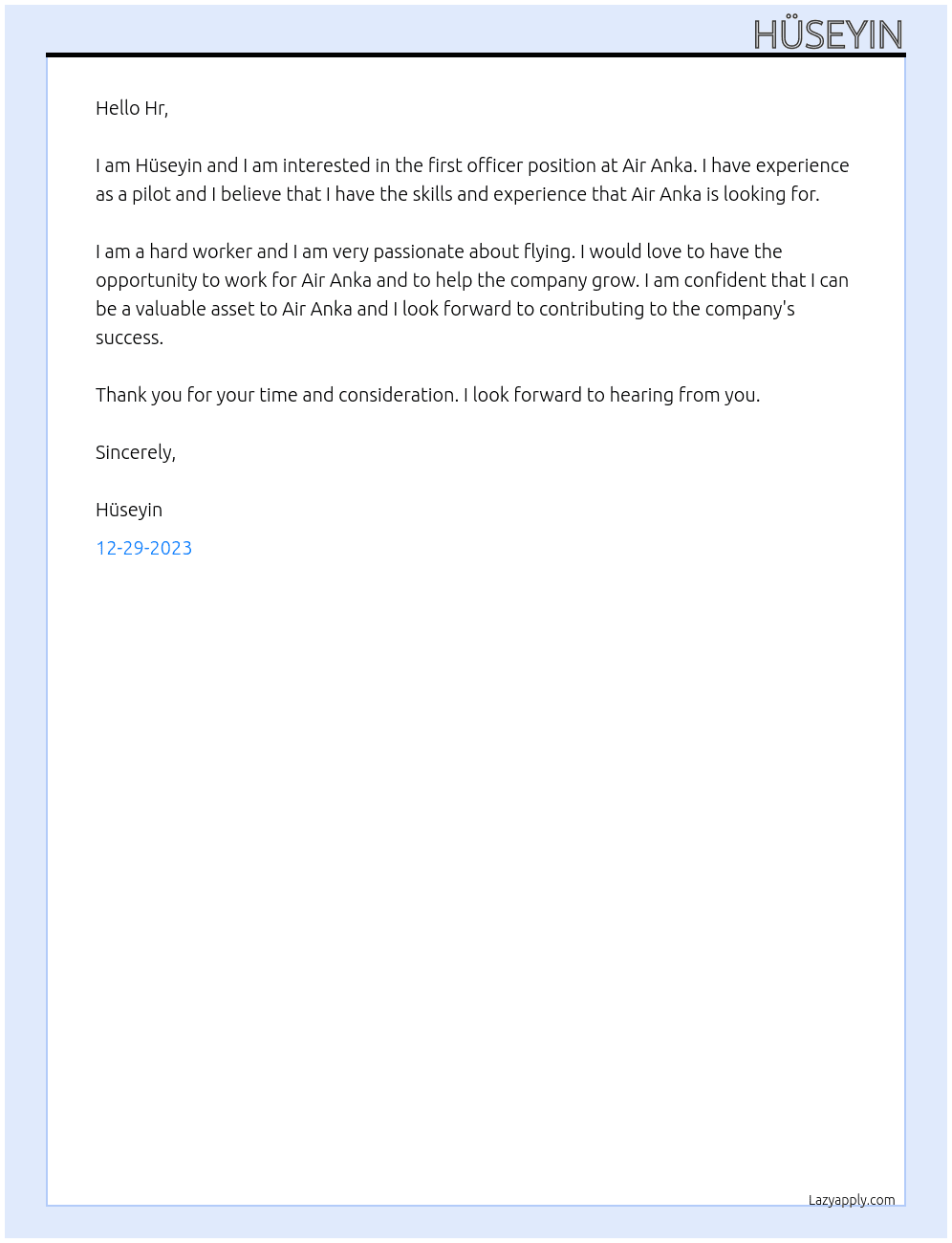 first officer At Air Anka Cover Letter