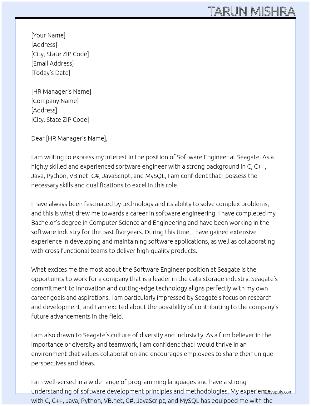 software engineer  At seagate Cover Letter