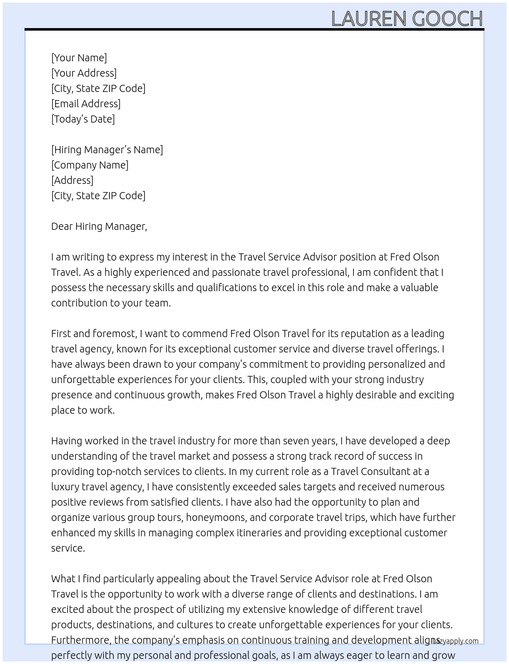 Travel Service Advisor  At Fred Olson Travel  Cover Letter