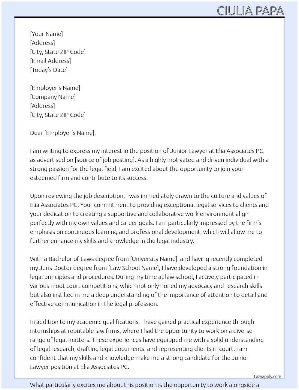 Junior Lawyer At Elia Associates PC Cover Letter