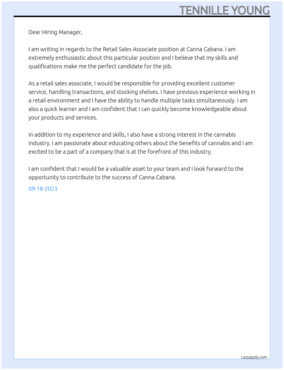 Retail Sales Associate At Canna Cabana Cover Letter