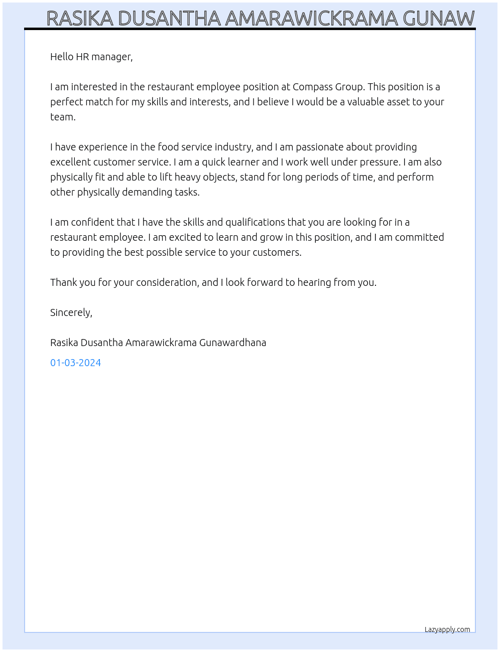 Restaurant employee At Compass Group Cover Letter