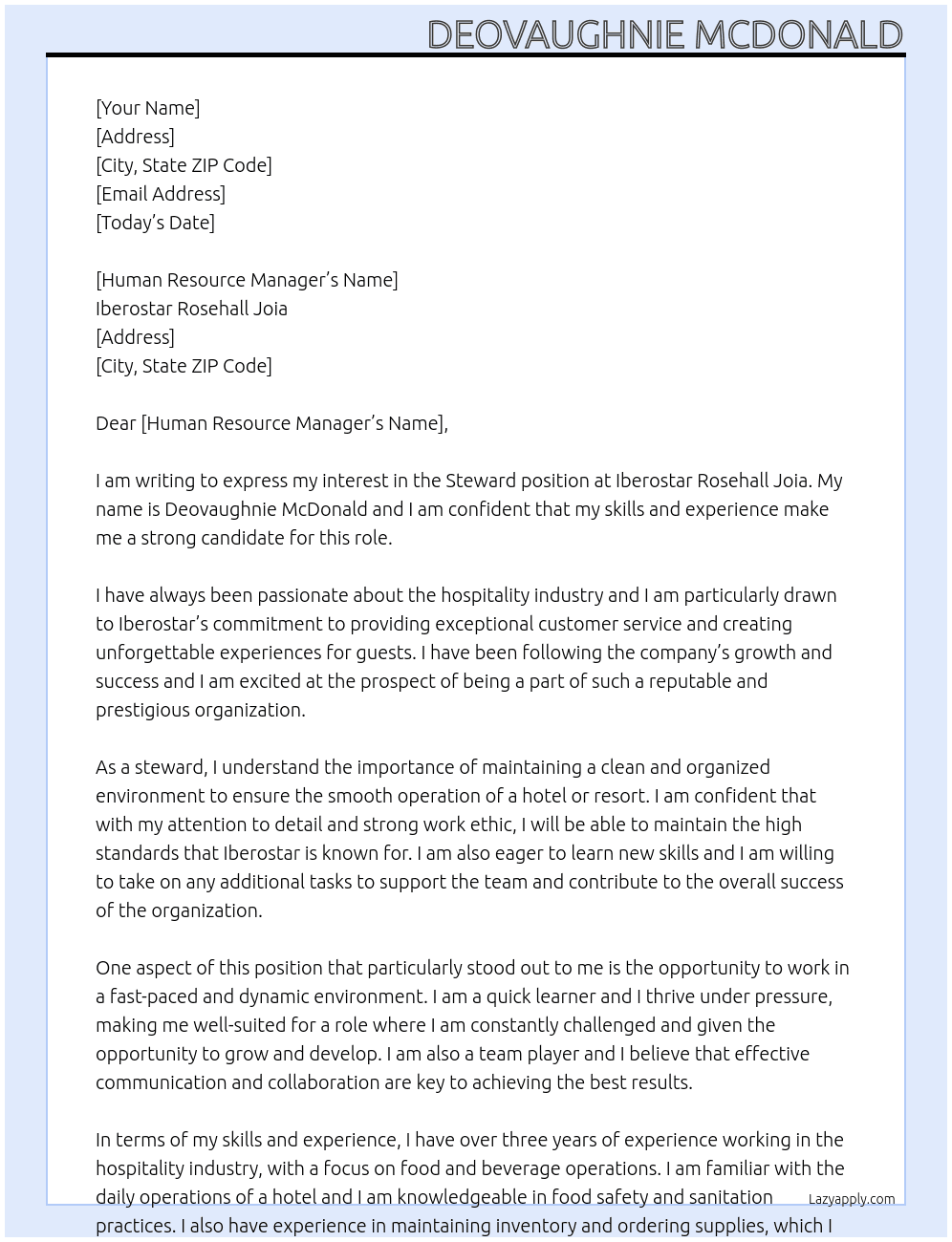 steward At Iberostar Rosehall Joia Cover Letter