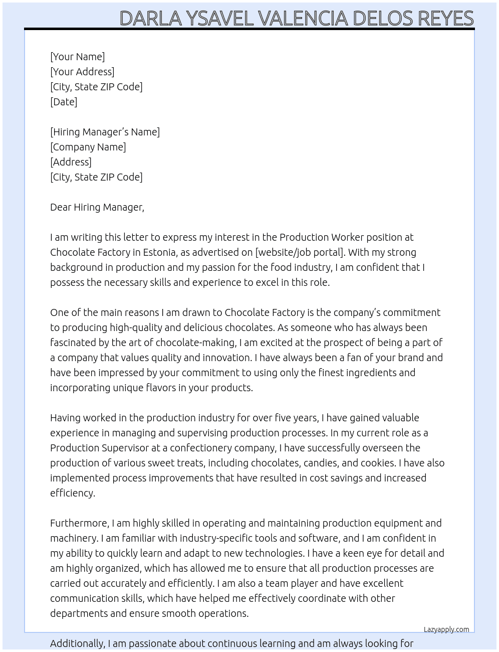 Production worker At Chocolate Factory Cover Letter